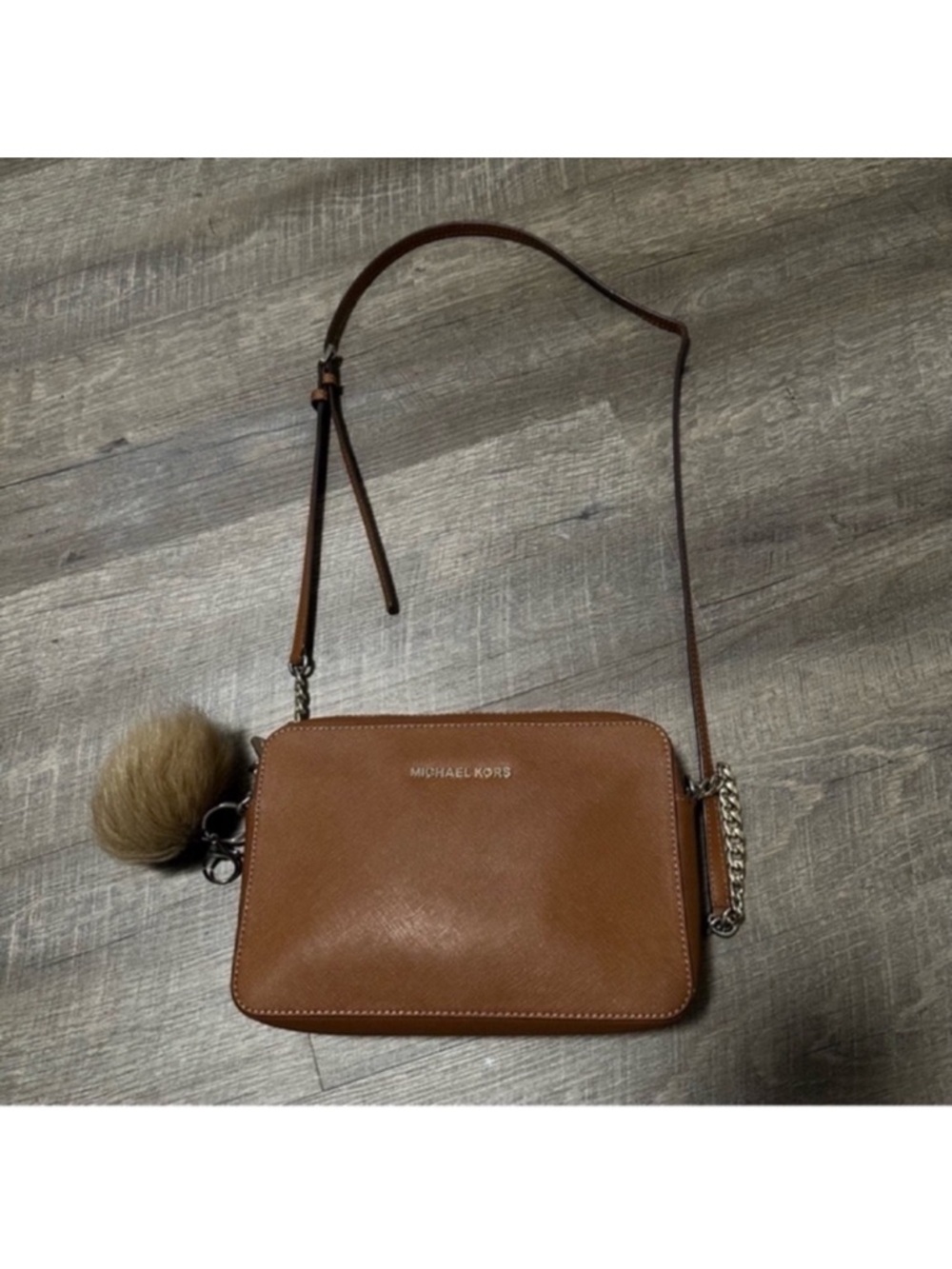 MICHAEL KORS Tan Leather Crossbody with Pom Charm